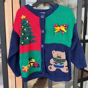 Vintage 90s Christmas sweater button down cardigan toddler teddy bear tree bow
